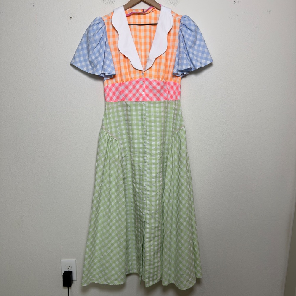 CeliaB Women Cotton Tabi Midi Dress Medium Multicolor Gingham Flutter Maximalist - Picture 12 of 12
